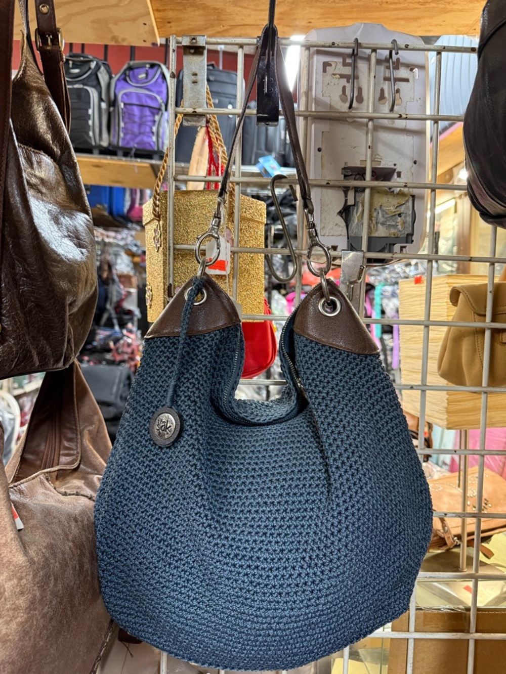 The Sak Navy Woven Hobo with Brown Trim